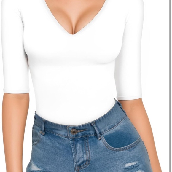Amazon Women's White V-Neck Bodysuit - Picture 2 of 7